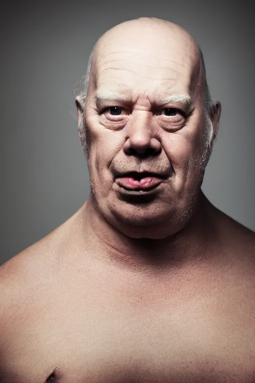 Prompt: studio portrait of man that looks excactly like homer simpson, lookalike, as if homer simpson came to life, soft light, black background, fine details, close - up, award winning photo by manny librodo