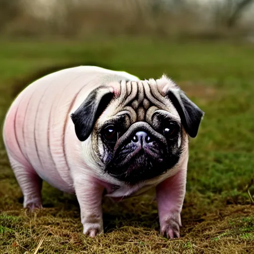 Image similar to Pig-pug-tardigrade hybrid pet gladly munching moss in a field, family photograph, heartwarming