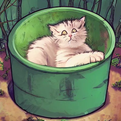 Prompt: cute kitten sleeping in an overgrown oil drum in a forest, digital art, artstation, studio ghibli, by coolkyousinnjya