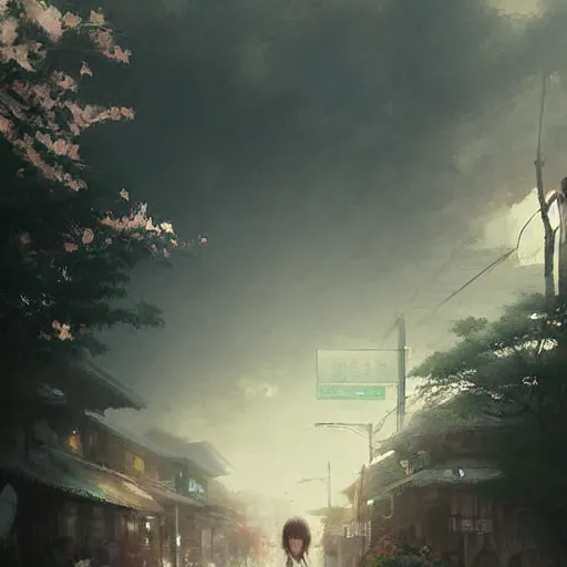 Prompt: walking from naka - meguro, tokyo. volumetric lighting, spring afternoon, overcast weather, realistic illustration, perfectly shaded, soft painting, art by krenz cushart and wenjun lin