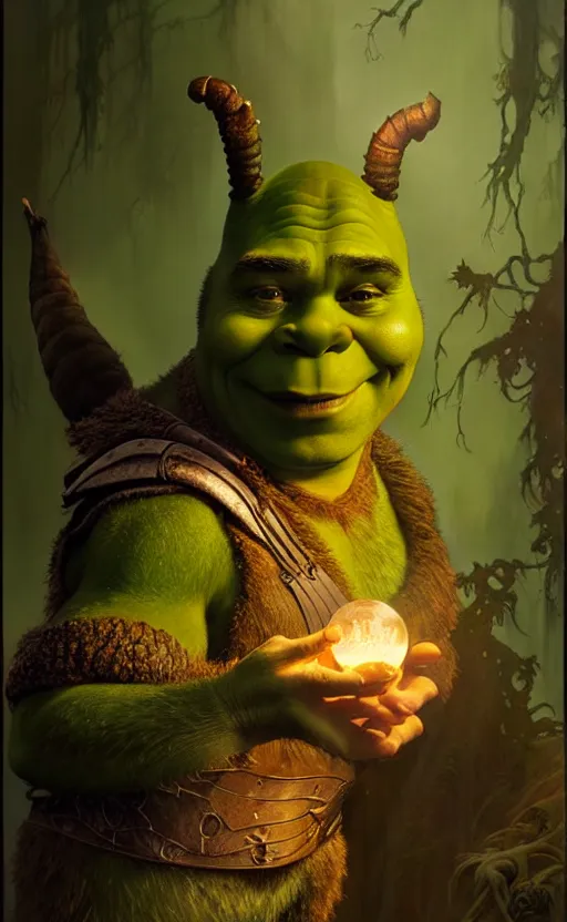 Image similar to shrek dragon gorgeous lighting by weta studio, mucha, bautista and norman rockwell and greg rutkowski and tom bagshaw and james gurney and lucasfilm