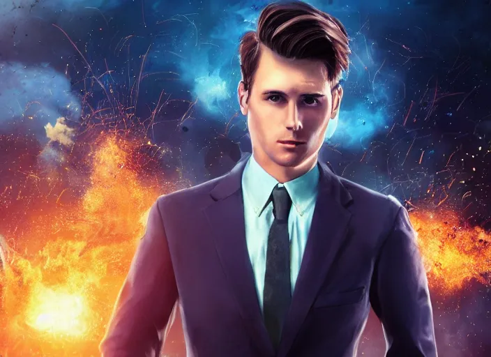 Image similar to epic cinematic artwork close up of a man in his 20s with brown hair, wearing a blue business suit and holding a briefcase, looking on confidently with explosions behind him, 4k, masterpiece