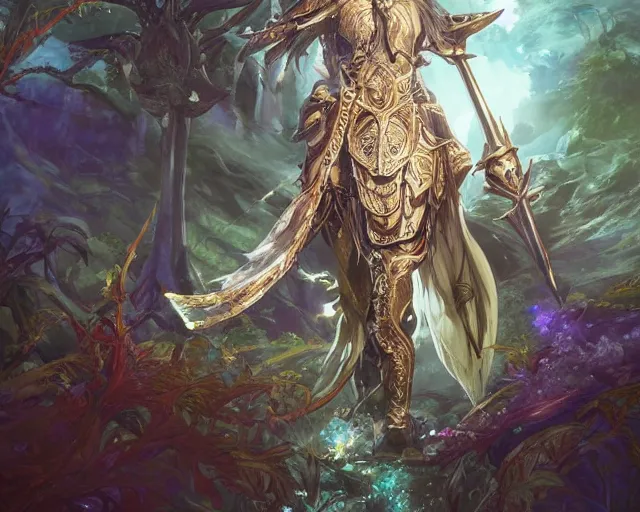 Image similar to an anime landscape of a knightly merfolk from magic the gathering wearing a ornate detailed armor garments and an atlantean crown, in a mystical forest from skyrim, by stanley artgerm lau, wlop, rossdraws, james jean, andrei riabovitchev, marc simonetti, and sakimichan, trending on artstation