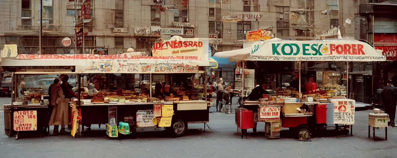 Prompt: food stand selling spaghetti, in downtown nyc, kodachrome, in the style of wes anderson, retro