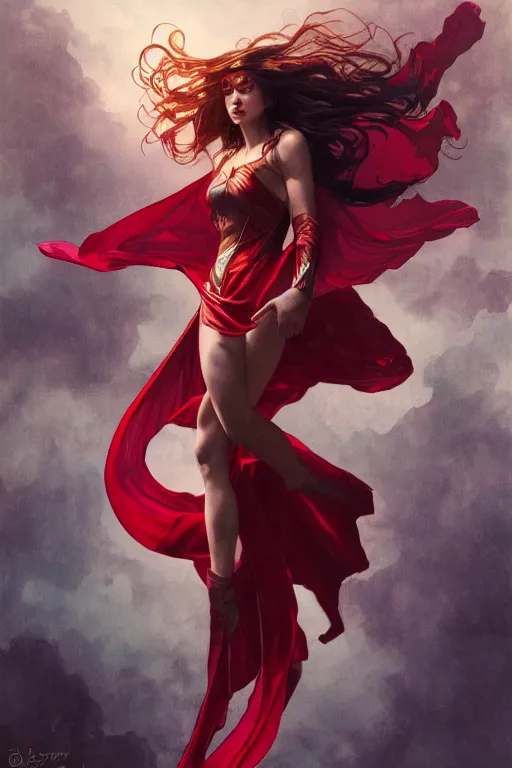 Image similar to marvel superhero, beautiful woman, floating in the air, red tight costume and red long hair, black cloak, power field around her, detailed portrait, dark background texture, alphonse mucha, greg rutkowski, trending on artstation, artgerm, breathtaking, sharp focus, smooth, mark arian, award winning, highly detailed 8 k art