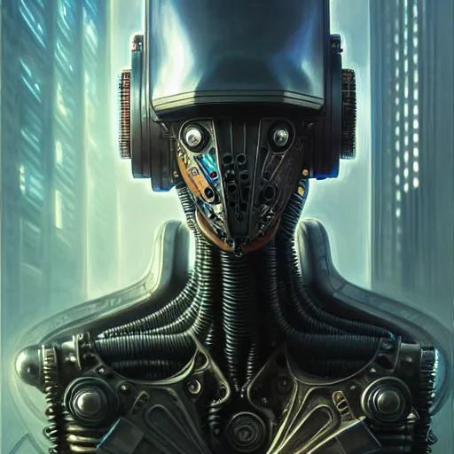 Image similar to low angle shot of a cyberpunk gazmask robot character, intricate, elegant, highly detailed, centered, digital painting, artstation, concept art, smooth, sharp focus, illustration, artgerm, Tomasz Alen Kopera, Peter Mohrbacher, donato giancola, Joseph Christian Leyendecker, WLOP, Boris Vallejo