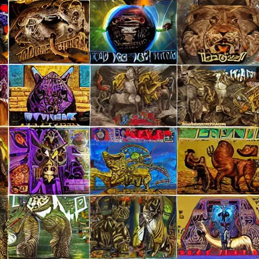 Image similar to old school video game graphics, ancient cyberpunk hieroglyphics heavy metal music and cats, lions, tigers, futuristic, science fiction, heavy metal