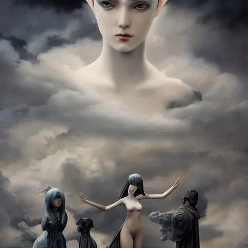 Prompt: By Tom Bagshaw, ultra realist soft painting of a selection of anime miniature fully dressed resin statues with dioramas, symmetry accurate features, very intricate details, ominous sky, black and white, volumetric light clouds