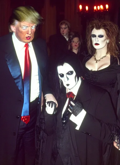 Image similar to candid photo of donald trump as a gothic vampire in the 1 9 9 0 s