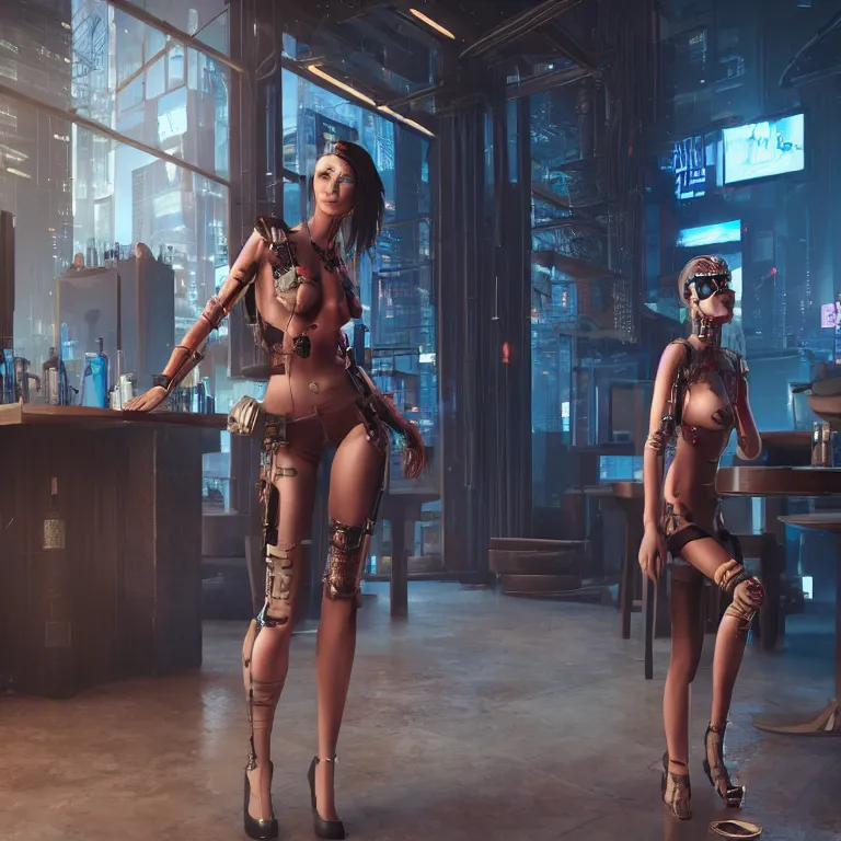 Prompt: cyberpunk woman is standing near the bar by Dylan Kowalski, photorealism, elegant woman, render, unreal engine, 3d art