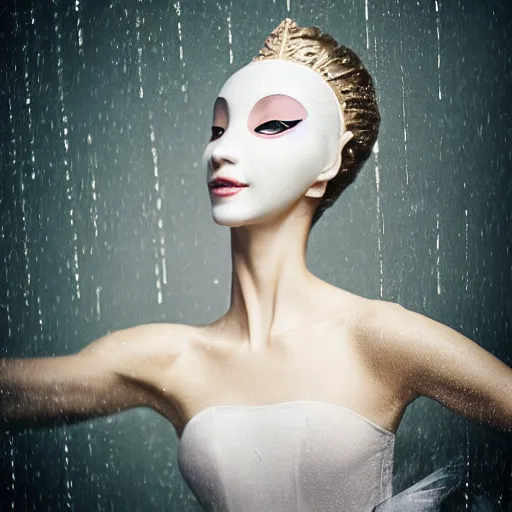 Image similar to portrait of a ballerina with a beautiful porcelain face dressed in a venecian mask, rain, cinematic light and reflections, beautiful dreamy lighting, photographed by annie leibovitz, zbrush,