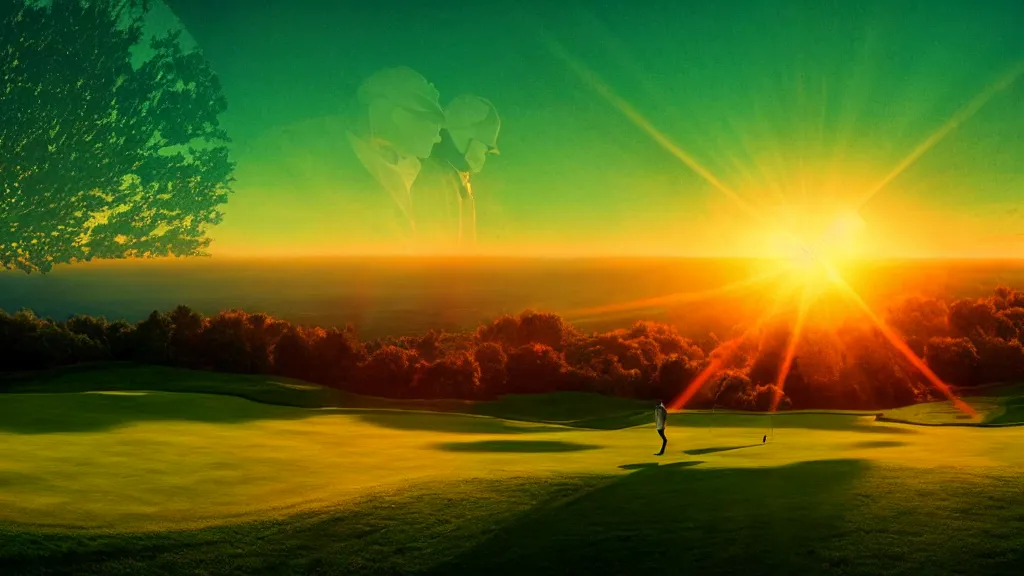 Prompt: double exposure of a beautiful golden hour hill and beautifully enchanted golf course, brocken spectre, cosmic stars, blurry distant figures, grainy film, cinematic, haunted psychedelic VHS glitch