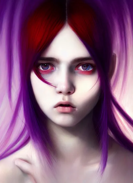 Image similar to hair whitebangs hair, black hair, whitebangs, portrait of teenage girl with white bangs, red irises, purple clothes, white bangs, bangs are different color from hair, intricate, elegant, glowing lights, highly detailed, digital painting, artstation, concept art, smooth, sharp focus, illustration, art by wlop, mars ravelo and greg rutkowski