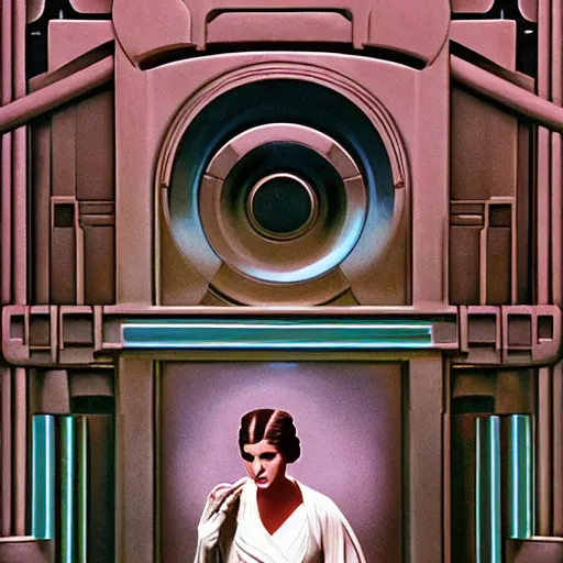 Image similar to princess leia, 1 9 3 0 s goddess, in front of round, art deco death star window, iconic, decorated by fritz lang and ralph mcquarrie, hyperrealistic full figure, by george tooker, fantasy art, intricate detailing, dynamic lighting, artstation, full figure poster, very detailed face, 4 k,