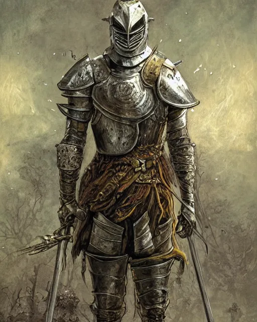 Image similar to a hyper realistic painting of a knight in armor made out of rotting metal, pale colors, fog, dark fantasy, cinematic lighting, nighttime, by rebecca guay