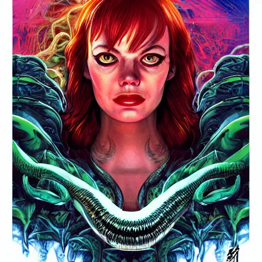 Image similar to scorn giger venom alien doom zdislaw bekinski horror hell alien tentacles satan fire flame, beautiful underwater redhead woman portrait of emma stone, pixar style, by tristan eaton stanley artgerm and tom bagshaw.