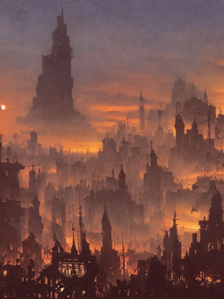 Image similar to a large dieselpunk and steampunk cityscape at dusk in russion during the 1 9 1 0 revolution, caspar friedrich, winslow homer, craig mullins,