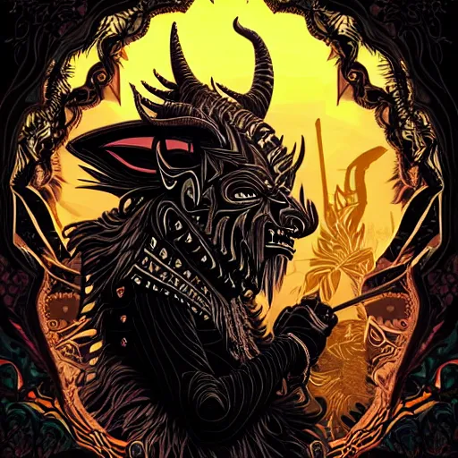 Image similar to side profile of barong family member, wiwek, mara demon, one single tribe member, jungle, one single mask, dark, ancient warrior, werewolf, tribal, inner glow, art by dan mumford and justin gerard