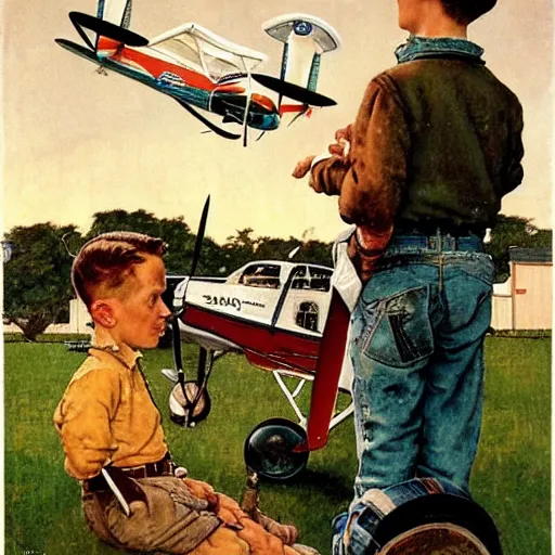 Image similar to a Norman Rockwell painting of a boy and his small airplane