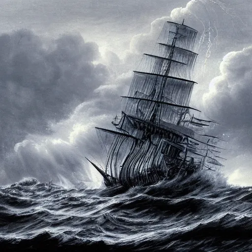 Image similar to a highly detailed scene of a ship being attacked by giant squid tentacles, dark, voluminous clouds, thunder, stormy seas, pirate ship, dark, high contrast