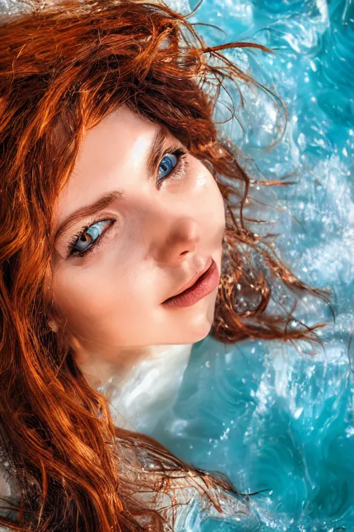 Image similar to A girl with a golden body, red hair, bronze eyes, lies in white water, marble background, bright light, Anachronism, Photorealism, 4k