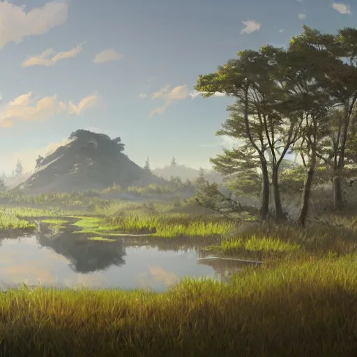 Image similar to concept art painting of a marsh swamp on top of a mountain above a forest, realistic, detailed, cel shaded, in the style of makoto shinkai and greg rutkowski and james gurney