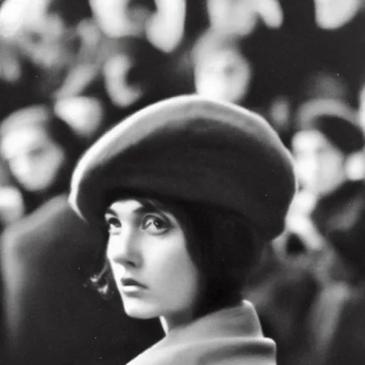 Prompt: still from a masterpiece 1 9 6 0 s french art film, beautiful girl in beret with large eyebrows sits in the far background with an angry expression, moody lighting, viewed from afar, cinematic shot, the camera is focused on a crowd of people