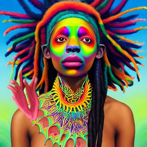 Image similar to a wide angle shot of a black girl with colorful dreadlocks in a field of candy, by Adi granov and afarin sajedi and amanda sage and evgeni gordiets and Agostino Arrivabene and adonna khare in a psychedelic portrait style, ultrarealistic matte painting, volumetric lighting, fractal, extremely symmetrical, highly detailed face, orisha, 8k, hd