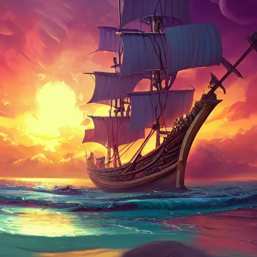 Prompt: sunny's pirate ship from one piece, cgsociety, fantasy art, 2 d game art, concept art, heavenly lighting, retrowave, behance hd, concept art by jesper ejsing, by rhads, makoto shinkai cyril rolando, madgwick