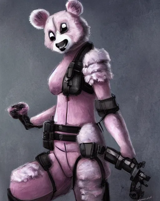 Image similar to a good ol'pink panda girl fursona ( from the furry fandom ), heavily armed and armored facing down armageddon in a dark and gritty version from the makers of mad max : fury road. witness me.