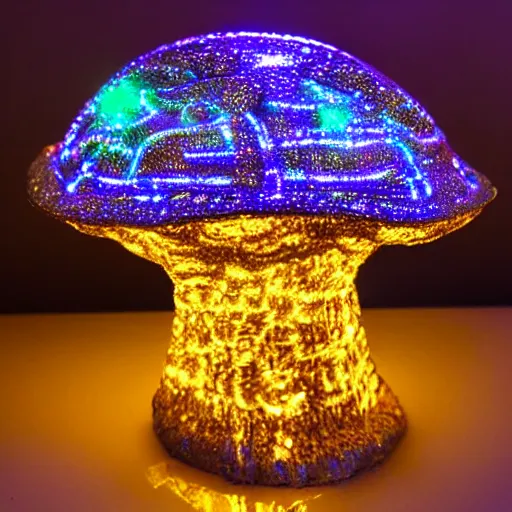 Prompt: cybertronic metallic mushroom, glowing, LED lights, high detail