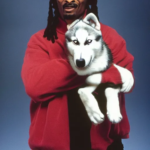 Prompt: anthropomorphic husky holding Snoop Dogg for a 1990s sitcom tv show, Studio Photograph, portrait, C 12.0