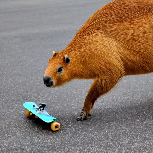 Image similar to A close up photo of a capybara riding a skateboard , 4K, high quality