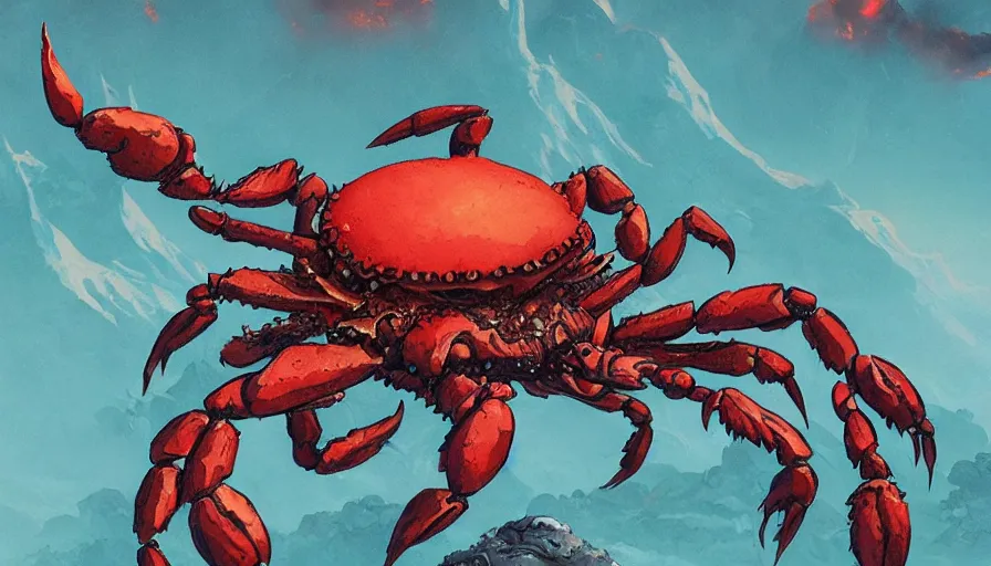 Prompt: A detailed oriental crab made of lava and rust in the style of anime by Peter Mohrbacher, anime trending on artstation, background of a volcane landscape by Kelly Mckernan