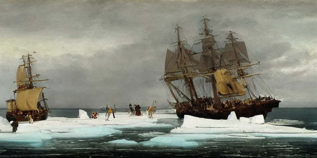 Prompt: a single 1840s British sail ship stuck in sea ice, HMS Erebus, grim, HD, frozen sea, ice seracs, painted by Edwin Henry Landseer