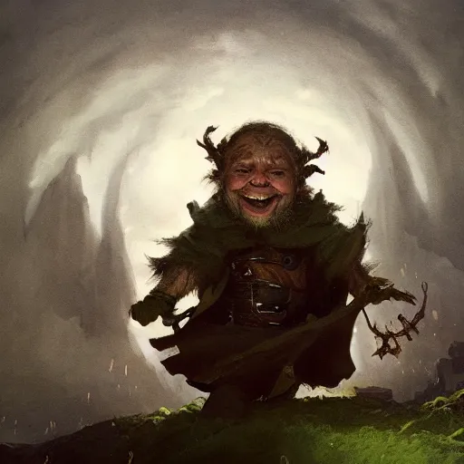 Prompt: small pale cowardly dwarf man wearing dark cloak, portrait, funny artwork, scared smile, close shot, round face, fantasy artwork, dnd, high fantasy, by karl spitzweg, whimsical