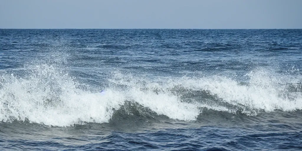 Image similar to shark fins visible through the waves from a rocky shore