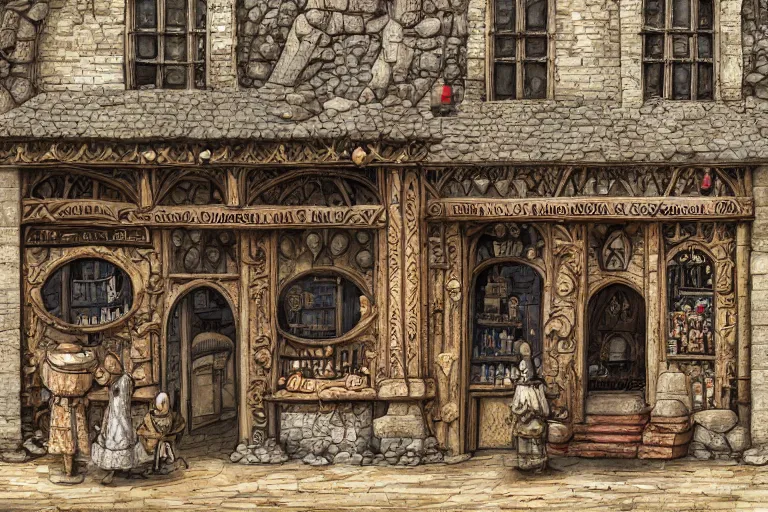 Image similar to A medieval shop viewed from the outside, texture, intricate, details, highly detailed, masterpiece, architecture, building, trending on artstation, focus, sharp focus, concept art, digital painting, fantasy, sunny, day, midday