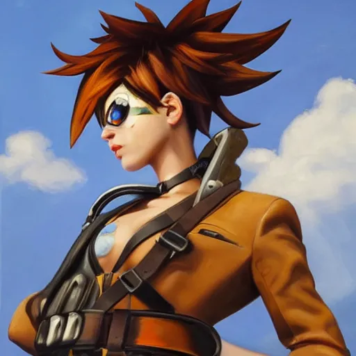 Image similar to oil painting of tracer overwatch in a field wearing very large black leather belt choker collar around neck, in style of mark arian, expressive face, very detailed face, very detailed eyes, belt around neck, full body, feminine face, tracer overwatch,