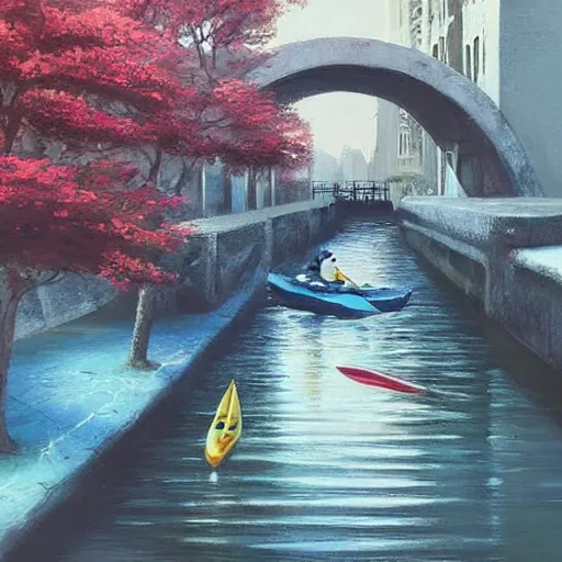 Prompt: Narrow cosy waterway with kayak in futuristic sci-fi city in harmony with nature. Nice colour scheme, soft warm colour. Beautiful detailed painting by Lurid. (2022)