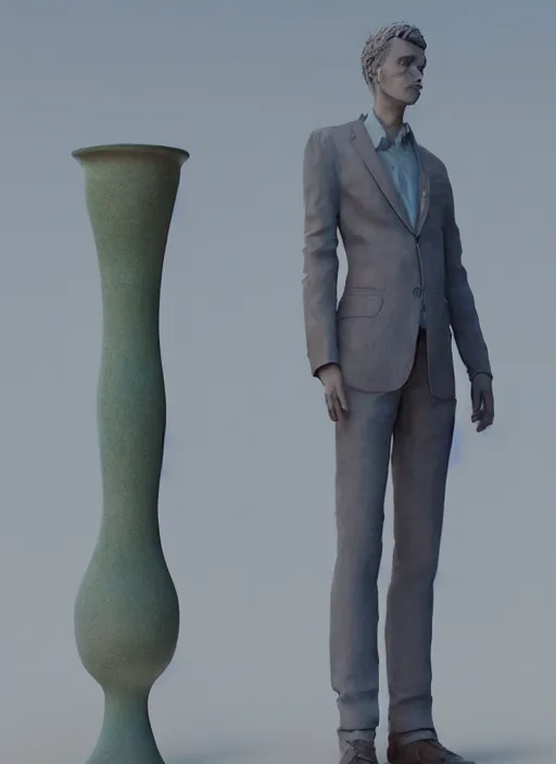 Image similar to a sculpture of a man standing next to a tall vase, a raytraced image by Hikari Shimoda, polycount, video art, vray tracing, ray tracing, rendered in unreal engine