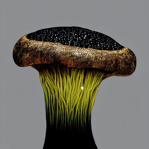 Prompt: beautiful roud mushroom cap, bottom view, luminous lamellae are clearly visible, no stipe, Giger, black background, hyper realism, epic composition