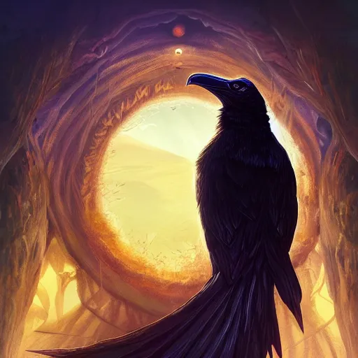 Prompt: illustration of raven watching the planet underneath, d & d, rule of thirds, fantasy, intricate, elegant, highly detailed, digital painting, artstation, concept art, smooth, sharp focus, illustration, art by dragolisco