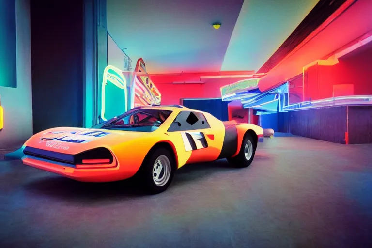 Image similar to designed by Giorgetto Giugiaro stylized poser of a race car, thick neon lights, ektachrome photograph, volumetric lighting, f8 aperture, cinematic Eastman 5384 film