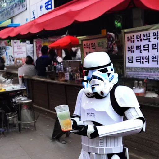 Image similar to storm trooper drinking soju at a street vendor in seoul