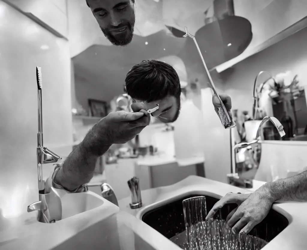 Prompt: first person point of view of a man holding a tooth brush in front of kitchen sink