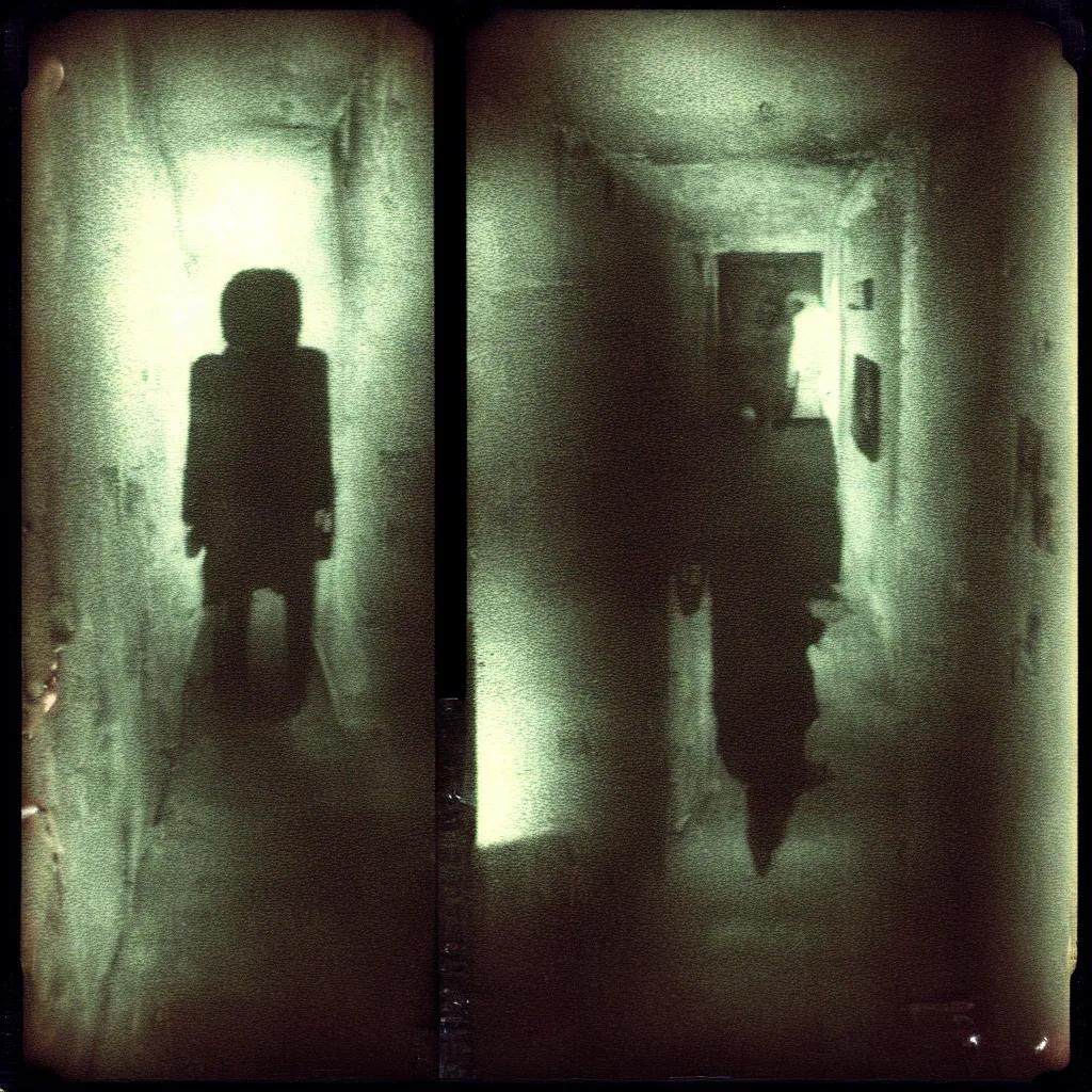 Prompt: cursed expired polaroid photograh of inter - dimensional, creepy monster entity creature, inside haunted basement ( hideo kojima p. t. ) hiroya oku, junji ito, apartment hallway, deep aesthetics of silent hill