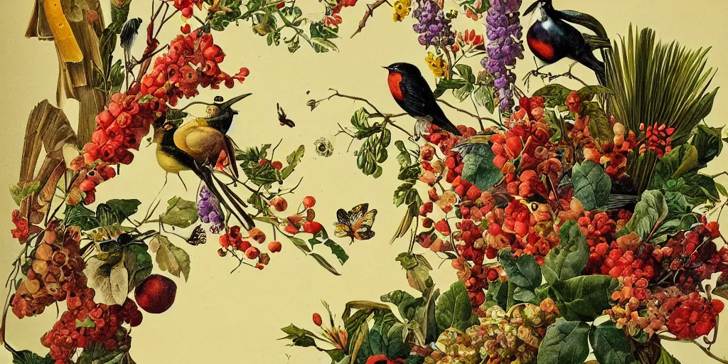 Image similar to vintage illustration, bizarre compositions, blend of flowers, fruits, birds by beto val, john james audubon, exquisite detail