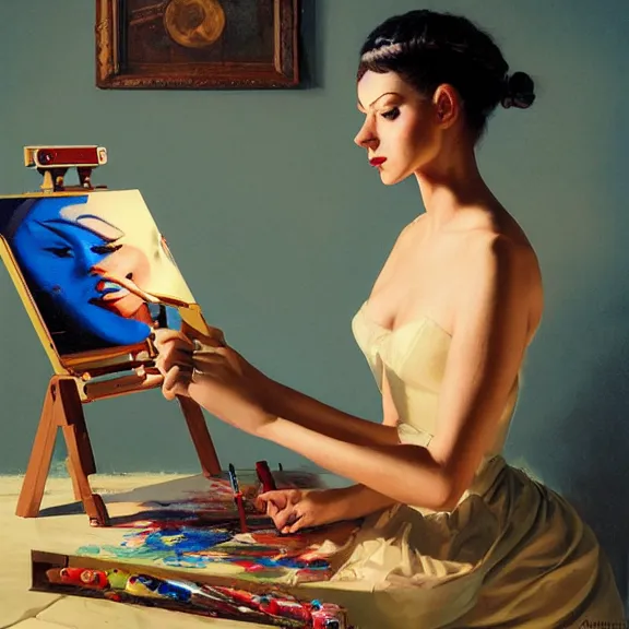 Image similar to robot artist painting a self - portrait on a canvas. intricate, highly detailed, photorealistic, film still, by alexandros pyromallis, gil elvgren, sachin teng.