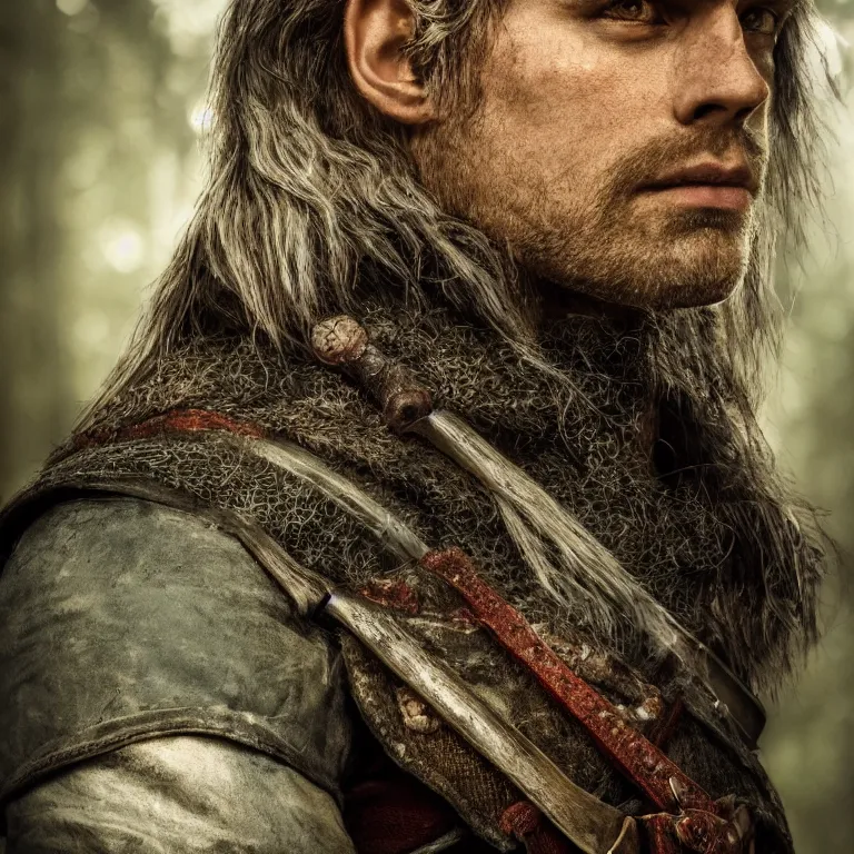 Prompt: portrait photo of a male warrior, in a forest, witcher style, highly detailed 8 k. lifelike. soft light. nikon d 8 5 0. cinematic post - processing, poster